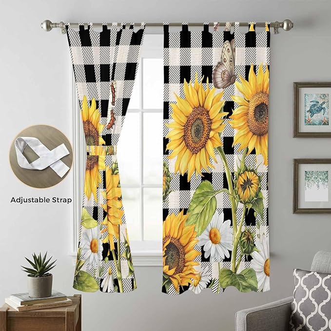 Sunflowers Living Room Curtains 96 Inch Length, Window Curtains Tab Top, Yellow Flowers Butterfly Farmhouse Black Plaid Light Filtering Window Treatments Drapes 52"x96" 2 Panel