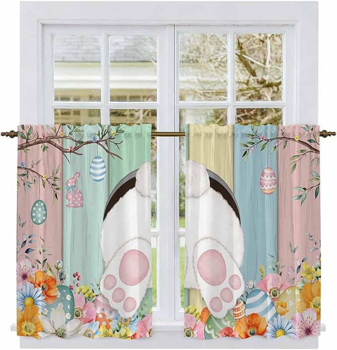 Easter Kitchen Tier Curtains 45 Inch Long 2 Panel Set,Rod Pocket Short Window Treatment,Spring Colorful Bunny Eggs Flower Wood Grain Light Filtering Curtains & Drapes for Bathroom 27.5"W x 45"L