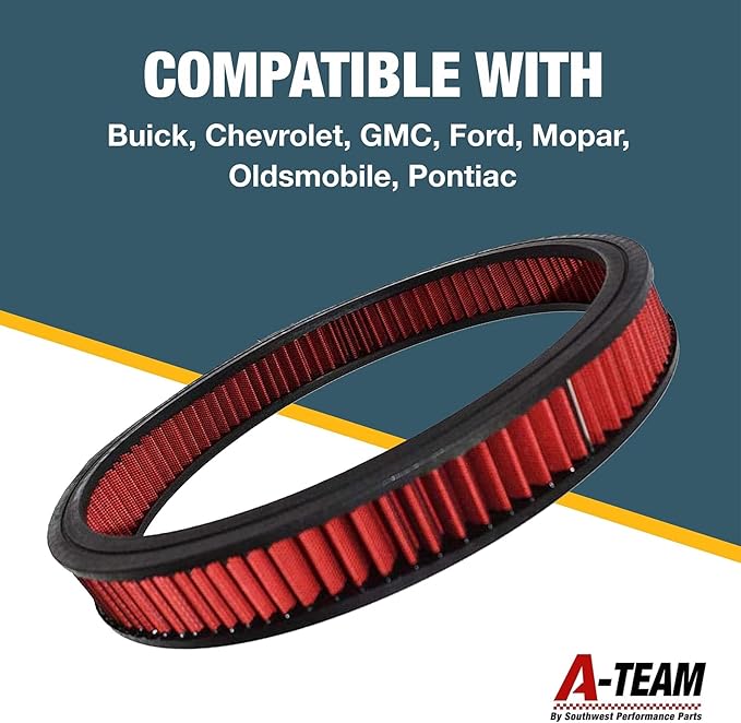 A-Team Performance High Flow Washable & Reusable Round Cotton Air Filter Element - 14x2 Inch Red - Engine Air Filter Compatible w/Buick/Chevrolet/GMC/Ford/Oldsmobile & Pontiac