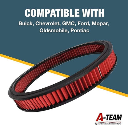 A-Team Performance High Flow Washable & Reusable Round Cotton Air Filter Element - 14x2 Inch Red - Engine Air Filter Compatible w/Buick/Chevrolet/GMC/Ford/Oldsmobile & Pontiac