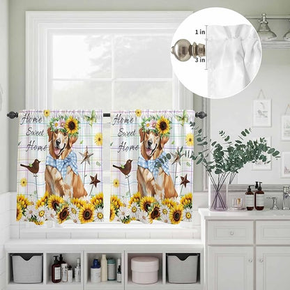 Kitchen Curtains Tiers and Valance Set of 3, Sunflowers Dog Light Filtering Window Curtain Set, Spring Watercolor Floral Stars Colorful Plaid Rod Pocket Curtain Drapes for Living Room, 24 Inches Tiers