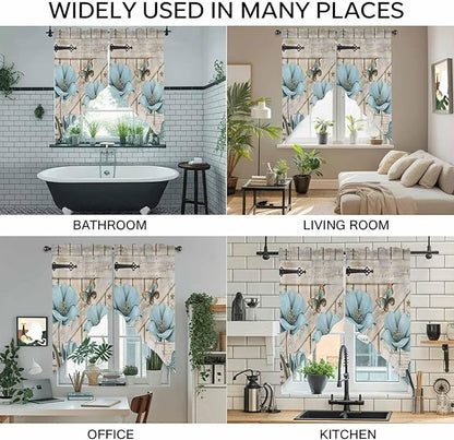 Teal Blue Tulips Swag Valances for Windows, Spring Floral Barn Doors Vintage Wood Beige Rod Pocket Kitchen Curtains Valance, Kitchen Window Curtains Swag for Cafe Living Room, 2 Panels, 36x63 inch