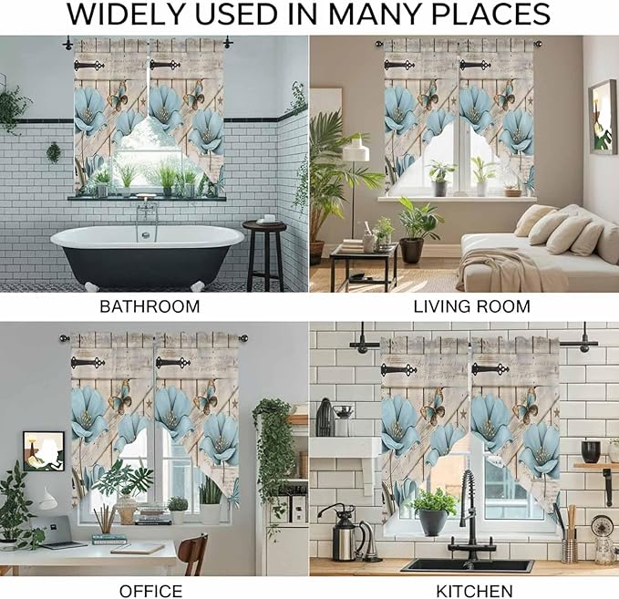 Teal Blue Tulips Swag Valances for Windows, Spring Floral Barn Doors Vintage Wood Beige Rod Pocket Kitchen Curtains Valance, Kitchen Window Curtains Swag for Cafe Living Room, 2 Panels, 36x45 inch