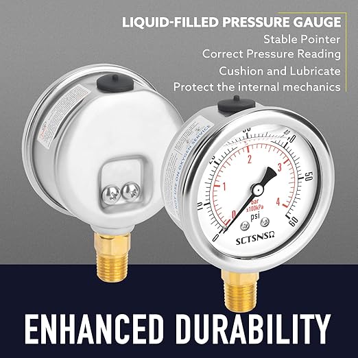 2-1/2" Dial Size, 0-60 Psi Low Pressure Gauge, Glycerin Liquid Filled, 1/4" NPT Lower Mount, Stainless Steel Case, for Pool Sand Filter, Water Pump, Propane, Coolant, CO2, Gas Pressure Test