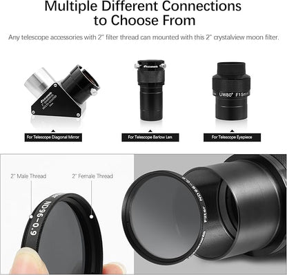 Astromania Telescope Moon Filter 2 inch, Neutral Density Telescope Filter ND96-0.9 with 13% Light Transmission Reduces Moon Glare&Enhances Lunar Crater Detail, Work with Telescope Accepts 2" Eyepieces