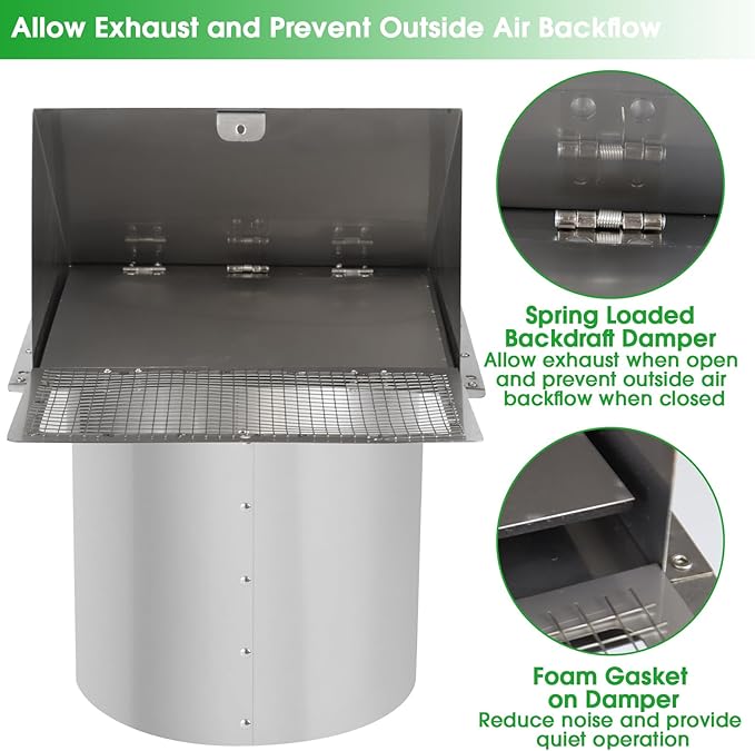 10 Inch Wall Vent Exhaust Vent Cover,Hooded Wall Vent with Screen and Damper,Outdoor Wall Exhaust Vent Cap Exterior Air Vent Cover for Kitchen Range Hood HVAC Duct Dryer Ventilation, Stainless Steel