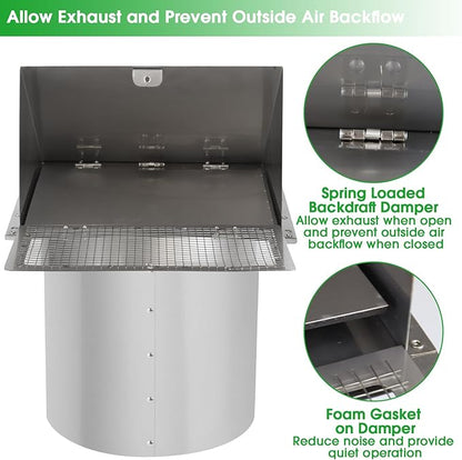 10 Inch Wall Vent Exhaust Vent Cover,Hooded Wall Vent with Screen and Damper,Outdoor Wall Exhaust Vent Cap Exterior Air Vent Cover for Kitchen Range Hood HVAC Duct Dryer Ventilation, Stainless Steel