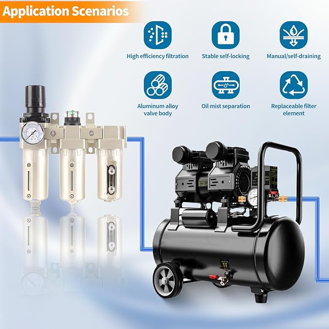 1/2" NPT Industrial Grade 3 Stage Air Compressor Drying System, 0-240 PSI, Particulate & Coalescing Filters, Auto Drain Air Compressor Water Separator System Filter Oil for Paint Spray＆ Plasma Cutter