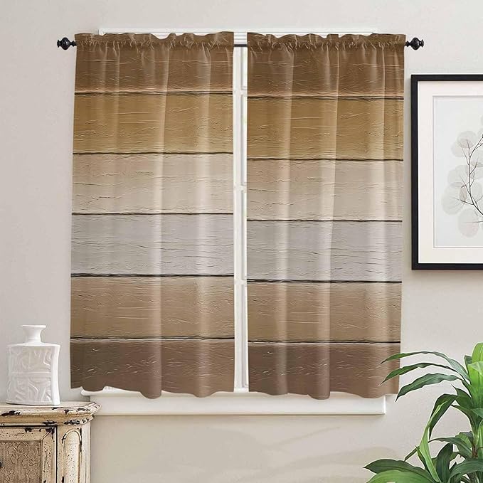 Vintage Brown Gradient Wood Grain Window Valance Curtains, Farmhouse Wood Barn Light Filtering Kitchen Valance with 3-inch Rod Pocket for Living Room Bathroom Bedroom,2 Panel,42x63In