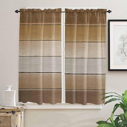 Vintage Brown Gradient Wood Grain Window Valance Curtains, Farmhouse Wood Barn Light Filtering Kitchen Valance with 3-inch Rod Pocket for Living Room Bathroom Bedroom,2 Panel,42x63In