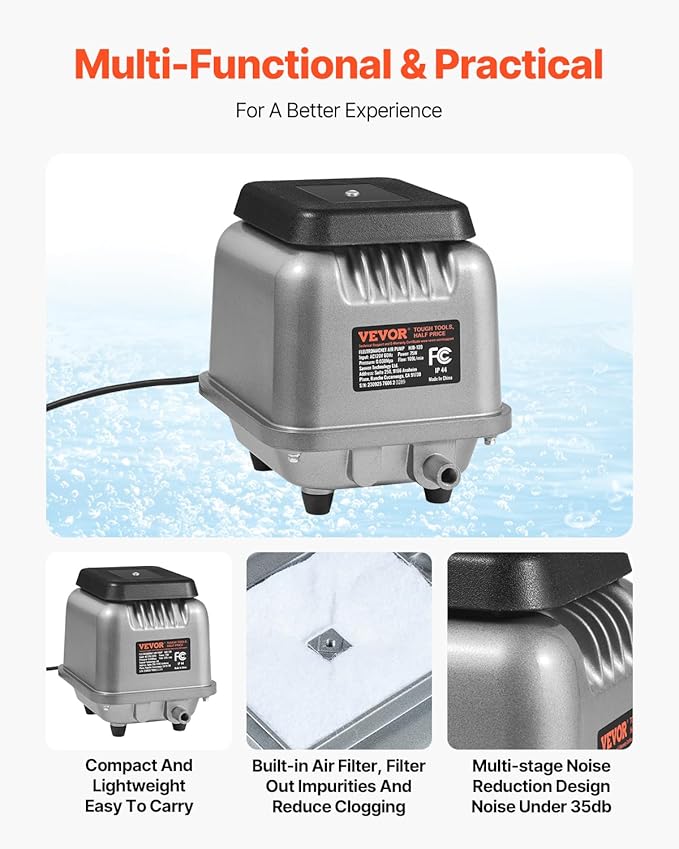 VEVOR Linear Air Pump, 109L/Min Air Flow Septic Aerator Pump, Oil-Free & Quiet Aeration System, for 1/2 Acre 10 FT Deep Ponds, Water Gardens, Waste Treatments, Aquarium, Seafood Restaurants, Fish Farm