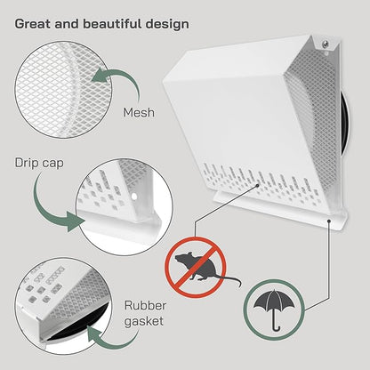 Vent Systems 6" Inch Air Supply Vent Cover with Rubber Gasket - White Galvanized Steel - Robust Weatherproof Outdoor Air Intake Box - Duct or Surface Mounting - Rain and Snow Protection