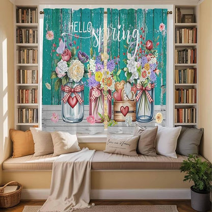 Spring Flowers Kitchen Curtains, Farmhouse Watercolor Teal Wood Grain Light Filtering Window Curtain Panels, 2Pcs Rod Pocket Window Treatments Set for Living Room Bathroom Bedroom 42x63 Inches