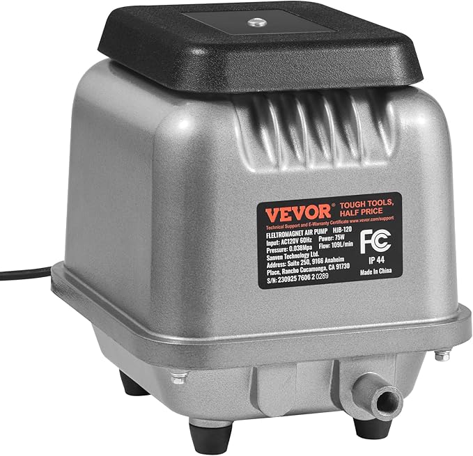 VEVOR Linear Air Pump, 109L/Min Air Flow Septic Aerator Pump, Oil-Free & Quiet Aeration System, for 1/2 Acre 10 FT Deep Ponds, Water Gardens, Waste Treatments, Aquarium, Seafood Restaurants, Fish Farm