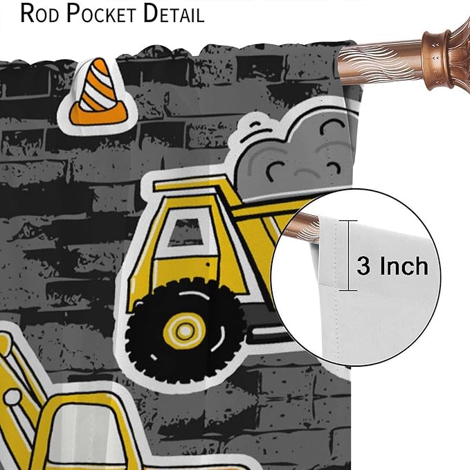 Kids Construction Excavator Window Curtains, Yellow Excavator Transporter Truck Cartoon Vehicles Rod Pocket Decorative Window Curtain for Children Teens Room 63x72in (30% Blackout)