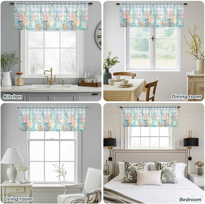 Summer Beach Sheer Valance Curtains, Ocean Colorful Coral Shell Seaweed Starfish Blue Plaid Light Filtering Kitchen Valances Rod Pocket Voile Curtain Treatment for Bedroom/Living Room/Basement 60Wx18L