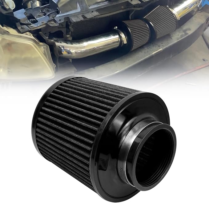 RYANSTAR 76mm 3" High Flow Round Tapered Cone Cool Air Filter Cleaner with Top Filter Design Short 163mm tall Black