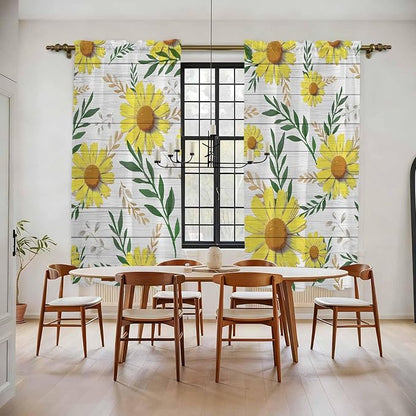Yellow Daisy Kitchen Curtains, Farmhouse Country Flower Leaf Plant Wood Grain Light Filtering Window Curtain Panels, 2Pcs Rod Pocket Window Treatments Set for Living Room Bathroom Bedroom 52x72 Inches