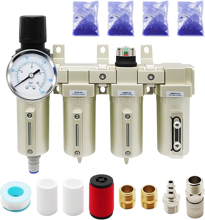 1/2" NPT Industrial Grade 4 Stage Gas Drying System, Coalescing Filter, Desiccant Dryer, Auto Drain, Compatible with Paint Spray, Plasma Cutter (Auto Version)