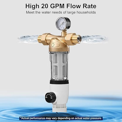 Airthereal Spin Down Water Sediment Filter, Pre-Filtration System for Whole Home, Water Filter for City and Well Water, 40 Micron Reusable Sediment Backwash Filter with 1" MNPT + 3/4" FNPT Connector