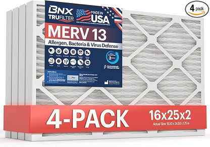 BNX TruFilter 16x25x2 Air Filter MERV 13 (4-Pack) - MADE IN USA - Electrostatic Pleated Air Conditioner HVAC AC Furnace Filters for Allergies, Pollen, Mold, Bacteria, Smoke, Allergen, MPR 1900 FPR 10
