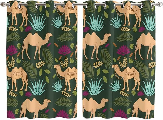 2 Panel Kitchen Cafe Curtains, Retro Desert Camel Sunlight Filtering Nature Air Through, Window Decor Tier Curtains for Living Room 104W x 72L inch Tropical Animal Aloe Vera Leaves Dark Green