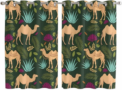 2 Panel Kitchen Cafe Curtains, Retro Desert Camel Sunlight Filtering Nature Air Through, Window Decor Tier Curtains for Living Room 104W x 63L inch Tropical Animal Aloe Vera Leaves Dark Green