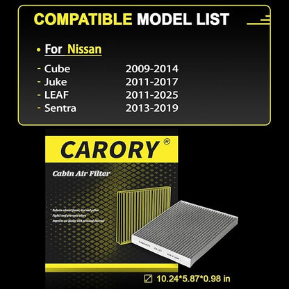 Cabin Air Filter w/Activated Carbon for 2009-2014 Nissan Cube, 2011-2017 Juke, 2011-2025 LEAF, 2013-2019 Sentra, 27277-3DF0A, 27891-1FC0A, 27891-1FD0A, 27891-3DF0A, 2014 2015 2016 2017 2018