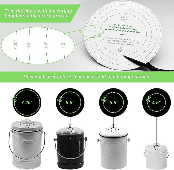 Pack of 8 Compost Bin Charcoal Filters Round Indoor Kitchen Compost Bucket Activated Charcoal Filters Replacements Sheets Universal Size with Sizing Template to 7.25"