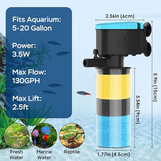 Aquarium Filter 3-Stage in-Tank Filter, Small Internal Fish Tank Filter, Submersible Pumps Filter for 5-20 Gallon Tanks, Turtle Tank Filter, with Dual Water Outlet & Aeration