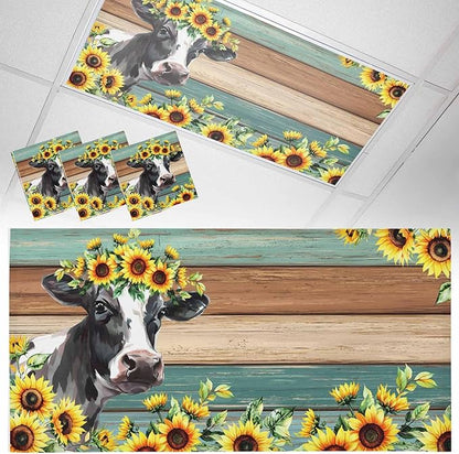 Fluorescent Light Covers Farm Cow Sunflower Magnetic Light Filters Vintage Blue Green Wood Grain Ceiling Light Covers for Classroom Office Home Drop Ceiling Lamp Decor 3 Pieces