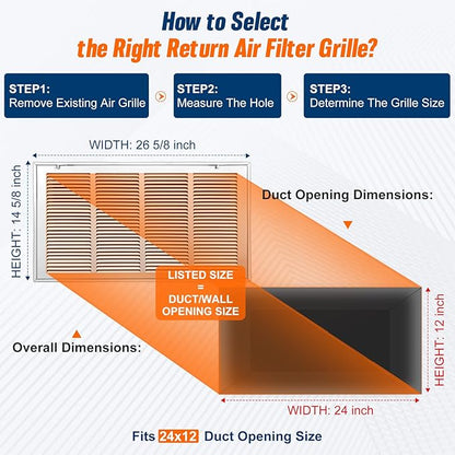 Fancat Return Air Filter Grille for 24x12 Ducts, Steel Air Vent Cover with Removable Door for 1" Filters | Fits Sidewall & Ceiling | Outer Size: 26 5/8" W x 14 5/8" H