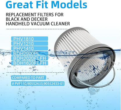 4 Pack PVF110 Replacement Filter for Black and Decker Handheld Pivot Vacuum BDH2000PL BDH2020FLFH PHV1410 PHV1810 PHV1210 BDH2020FL, Washable Hand Vac Filters