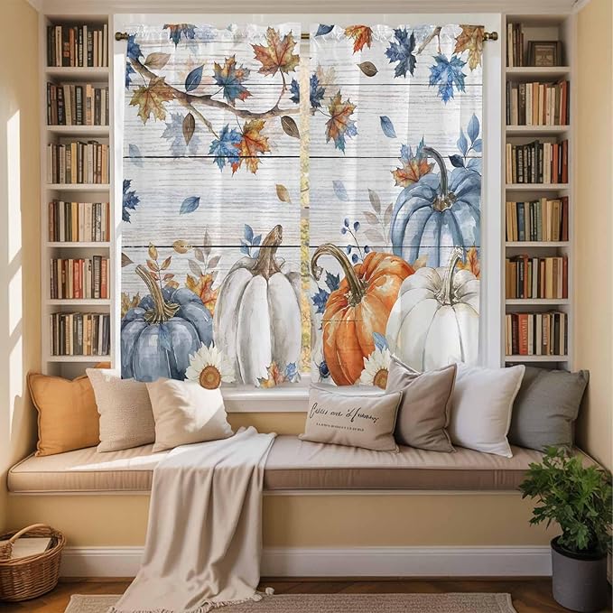 Thanksgiving Pumpkin Window Curtains 63 Inch Long 2 Panel Set, Rod Pocket Bedroom Curtains & Drapes, Fall Maple Leaf Daisy Wooden Grain Light Filtering Window Treatment for Living Room 42"W x 63"L
