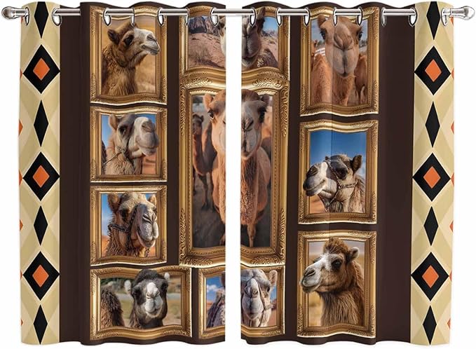 2 Panel Kitchen Cafe Curtains, Wildlife Camels Sunlight Filtering Nature Air Through, Home Decor Window Covering Tier Curtains for Living Room 104W x 72L inch Deserts Animals Brown Geometric Rustic