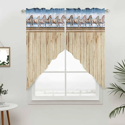 Western Horse Swag Valances for Windows, Farmhouse Wooden Grain Vintage Cowboy Barn Door Rod Pocket Kitchen Curtains Valance, Kitchen Window Curtains Swag for Cafe Living Room, 2 Panels, 36x45 inch