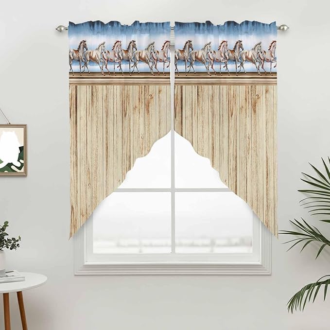 Western Horse Swag Valances for Windows, Farmhouse Wooden Grain Vintage Cowboy Barn Door Rod Pocket Kitchen Curtains Valance, Small Window Curtains Swag for Cafe Living Room, 2 Panels, 36x36 inch