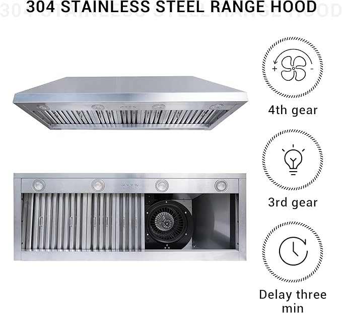 CHETTO C Stainless Steel Range Hood Cover with 4-Speed Vent Hood Insert Custom Handcrafted Metal Kitchen Fan with Towel Rack LED Light 42"W x21"D x27"H White Wall Mount