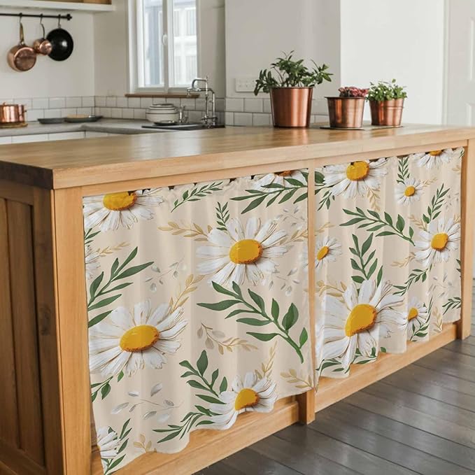 Spring Daisy Tier Curtains, Country Watercolor Flower Leaf Plant Light Filtering Kitchen Curtains, 2Pcs Rod Pocket Half Window Treatments Panels for Sink Cafe Cabinet Camper 27.5x24 Inches
