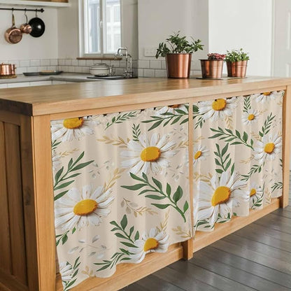 Spring Daisy Tier Curtains, Country Watercolor Flower Leaf Plant Light Filtering Kitchen Curtains, 2Pcs Rod Pocket Half Window Treatments Panels for Sink Cafe Cabinet Camper 27.5x24 Inches