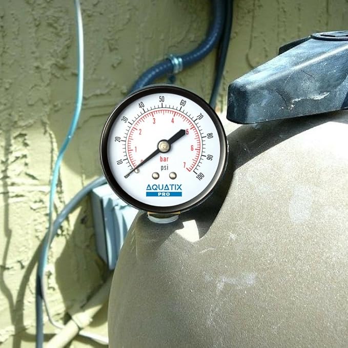 Pool Filter Pressure Gauge - Premium Spa/Pool/Aquarium Water Pressure Gauge by Aquatix Pro, 2" Dial, 0-100 Psi, Bottom Mount 1/4", Compatible with Most Brands Such as Hayward, Pentair & Jandy
