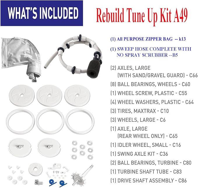 ATIE Pool Cleaner Tune Up Rebuild Kit Compatible with 280, TR28P Pool Cleaner Tune Up Kit A49 with Wheel, Tire, Drive Shaft, Turbine Bearing, All Purpoe Bag, Sweep Hose, Wheel Bearing, Tailsweep Pro