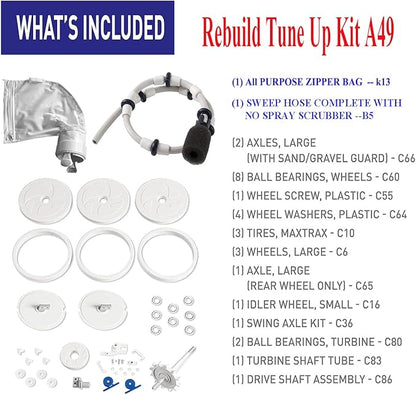 ATIE Pool Cleaner Tune Up Rebuild Kit Compatible with 280, TR28P Pool Cleaner Tune Up Kit A49 with Wheel, Tire, Drive Shaft, Turbine Bearing, All Purpoe Bag, Sweep Hose, Wheel Bearing, Tailsweep Pro