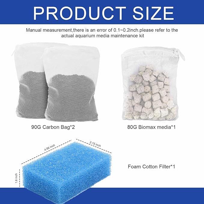 Aquarium Media Maintenance Kit Replacement for Fluval AC50 Power Filter, Includes 1 Blue Foam Filters, 1 Pack Ceramic Rings and 2 Activated Carbon Bag, for 20-to-50 Gallon Aquariums