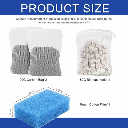 Aquarium Media Maintenance Kit Replacement for Fluval AC50 Power Filter, Includes 1 Blue Foam Filters, 1 Pack Ceramic Rings and 2 Activated Carbon Bag, for 20-to-50 Gallon Aquariums