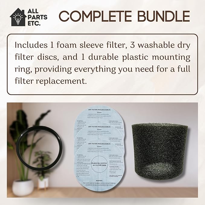 Foam Filter Sleeve for Shop Vac & Dry Filter Discs (5-Pack) -1 Foam Sleeve, 3 Reusable Dry Filters, 1 Mounting Ring Compatible with Shop Vac, Ridgid, Craftsman and other WetDry Vacuums