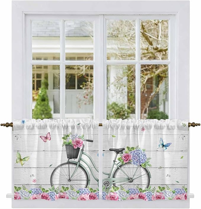 Spring Tier Curtains, Bicycles Botanical Rose Leaves Butterfly Wood Grain Light Filtering Kitchen Curtains, 2Pcs Rod Pocket Half Window Treatments Panels for Sink Cafe Cabinet Camper 27.5x24 Inches