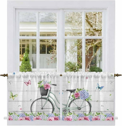 Spring Tier Curtains, Bicycles Botanical Rose Leaves Butterfly Wood Grain Light Filtering Kitchen Curtains, 2Pcs Rod Pocket Half Window Treatments Panels for Sink Cafe Cabinet Camper 27.5x24 Inches