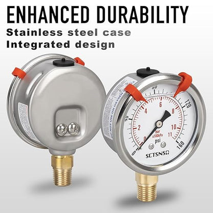0 to 160 Psi Pressure Gauge, Glycerin Liquid Filled, 2.5 inch Dial, 1/4" NPT Lower Mount, Stainless Steel Case, for Air Compressor, Well Pump, Water, RV, CO2, Pipe, Gas, Pressure Test