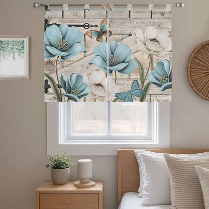 Teal Blue Tulips Bedroom Curtains 63 Inch Length, Window Curtains Tab Top, Spring Floral Barn Doors Vintage Wood Beige Light Filtering Window Treatments Drapes 42"x63" 2 Panel